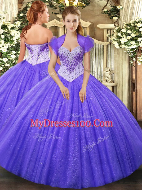 Lavender Ball Gowns Tulle Sweetheart Sleeveless Beading Floor Length Lace Up Ball Gown Prom Dress