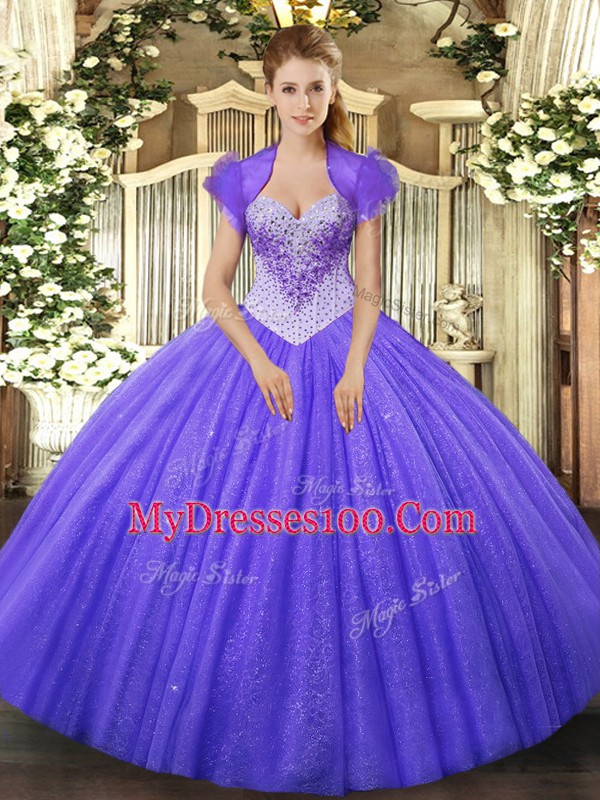 Lavender Ball Gowns Tulle Sweetheart Sleeveless Beading Floor Length Lace Up Ball Gown Prom Dress