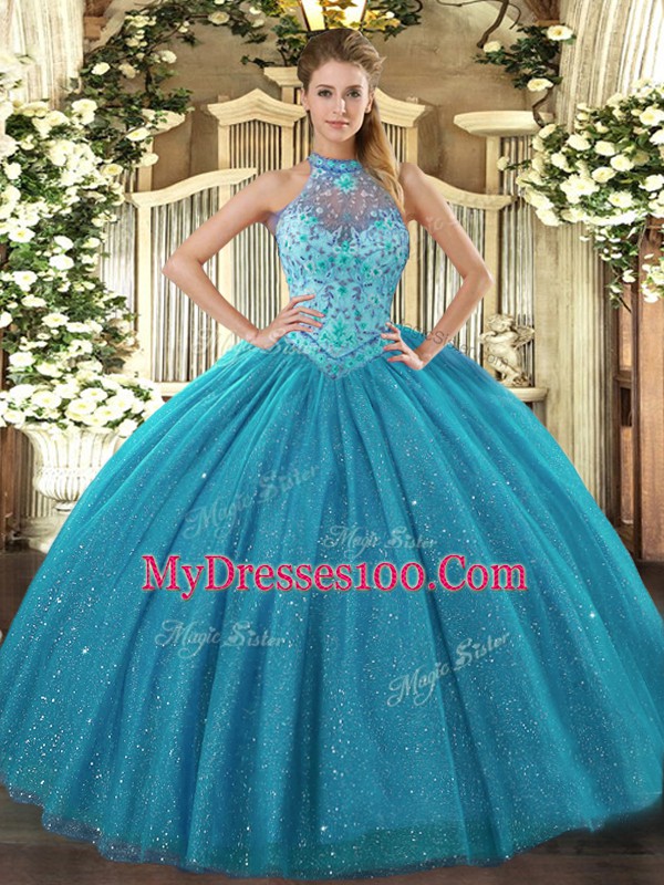 Top Selling Tulle Sleeveless Floor Length Sweet 16 Dress and Beading and Embroidery