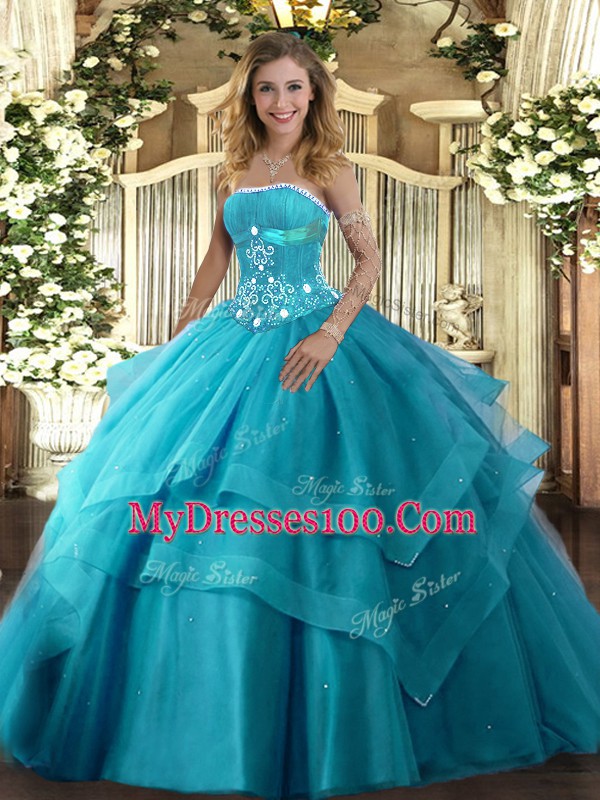 Flirting Ball Gowns 15 Quinceanera Dress Teal Strapless Tulle Sleeveless Floor Length Lace Up