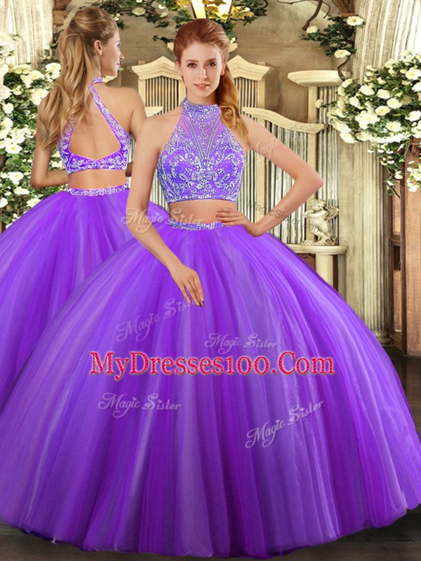Two Pieces 15 Quinceanera Dress Lavender Halter Top Tulle Sleeveless Floor Length Criss Cross