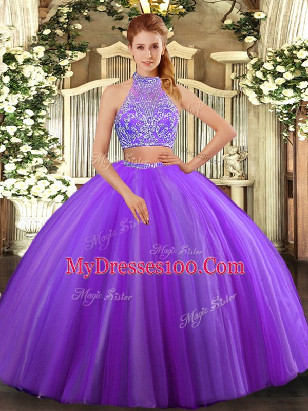 Two Pieces 15 Quinceanera Dress Lavender Halter Top Tulle Sleeveless Floor Length Criss Cross
