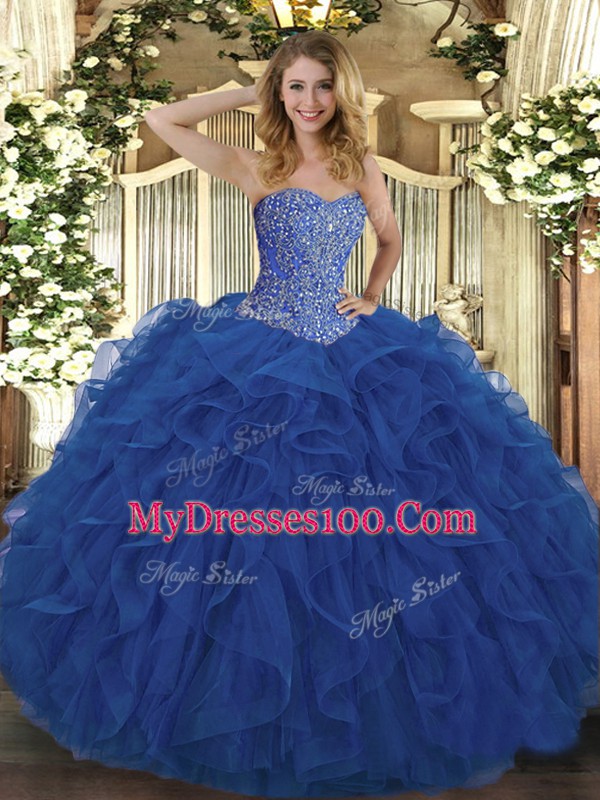 Royal Blue Ball Gowns Sweetheart Sleeveless Tulle Floor Length Lace Up Beading and Ruffles Sweet 16 Dresses