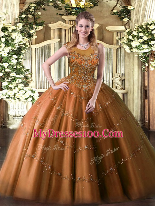 Beautiful Scoop Sleeveless Zipper Sweet 16 Dress Rust Red Tulle