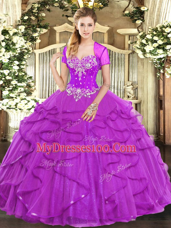 Exquisite Fuchsia Ball Gowns Beading and Ruffles Vestidos de Quinceanera Lace Up Tulle Sleeveless Floor Length