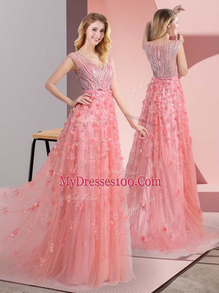 Fashion Sleeveless Sweep Train Zipper Beading and Appliques Prom Party Dress