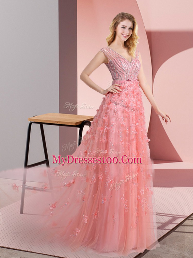 Fashion Sleeveless Sweep Train Zipper Beading and Appliques Prom Party Dress
