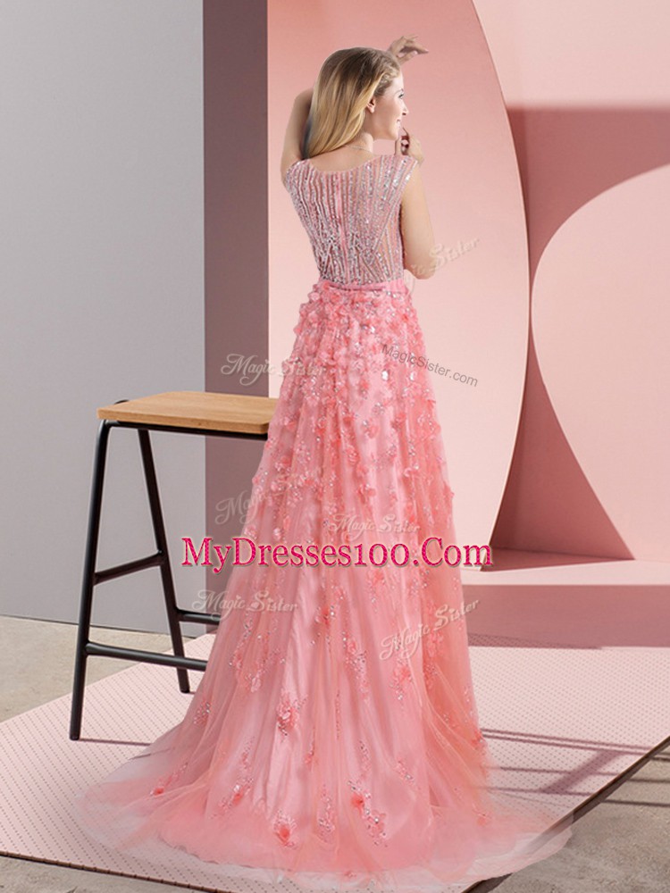 Fashion Sleeveless Sweep Train Zipper Beading and Appliques Prom Party Dress