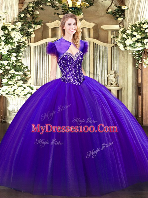 Floor Length Lace Up 15th Birthday Dress Purple for Military Ball and Sweet 16 and Quinceanera with Beading