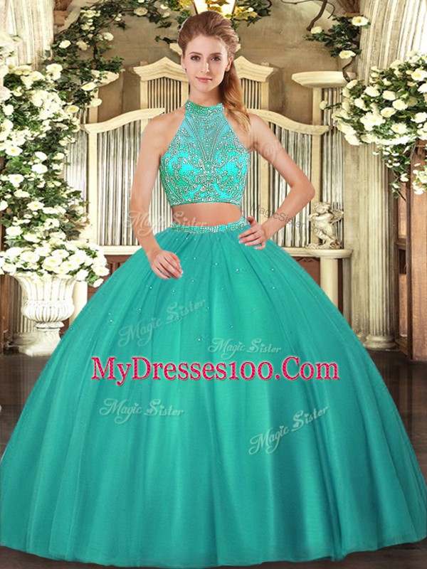 Captivating Turquoise Two Pieces Beading Quinceanera Gowns Criss Cross Tulle Sleeveless Floor Length