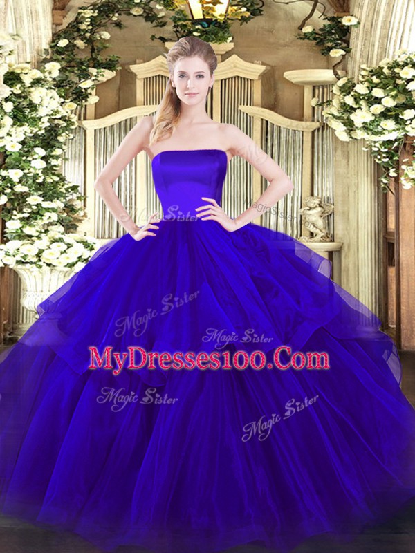 Suitable Blue Zipper Ball Gown Prom Dress Ruffled Layers Sleeveless Brush Train