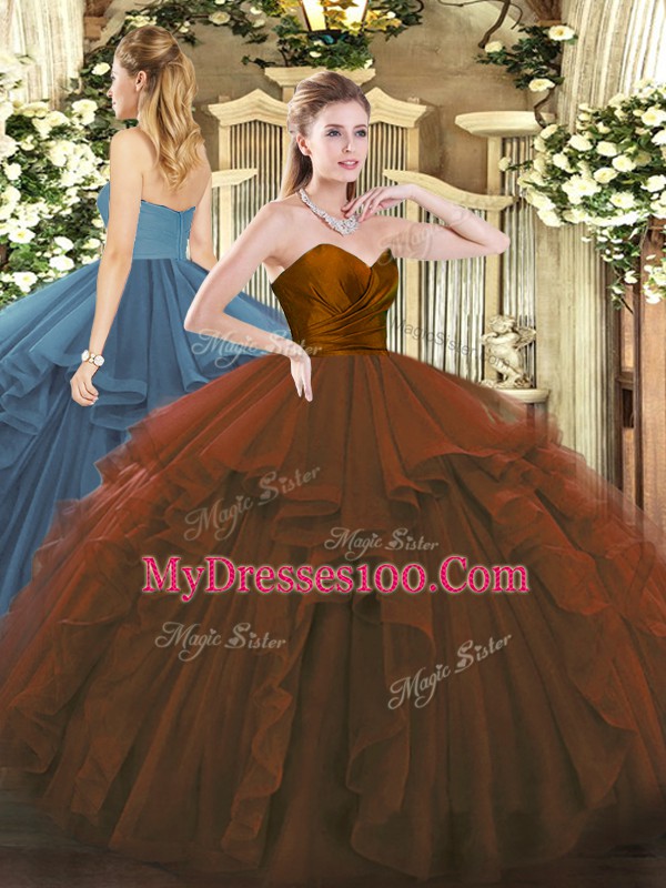 Sweetheart Sleeveless Tulle Quince Ball Gowns Ruffles Zipper