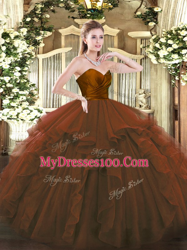 Sweetheart Sleeveless Tulle Quince Ball Gowns Ruffles Zipper