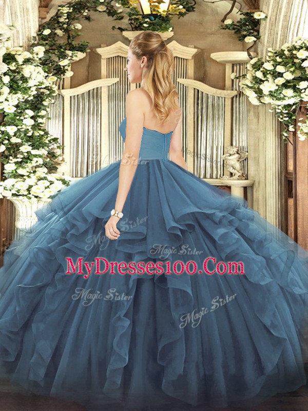 Sweetheart Sleeveless Tulle Quince Ball Gowns Ruffles Zipper