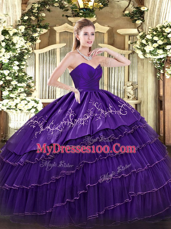 Stylish Floor Length Purple 15th Birthday Dress Organza and Taffeta Sleeveless Embroidery and Ruffled Layers