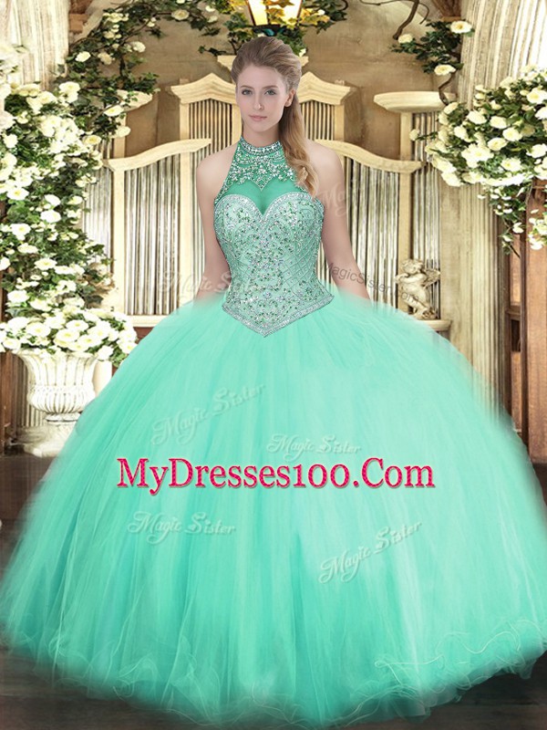 New Style Apple Green Lace Up Quinceanera Gown Beading Sleeveless Floor Length