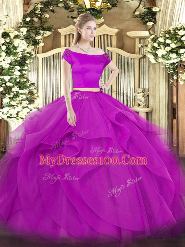 Colorful Fuchsia Tulle Zipper Off The Shoulder Short Sleeves Floor Length Vestidos de Quinceanera Appliques and Ruffles