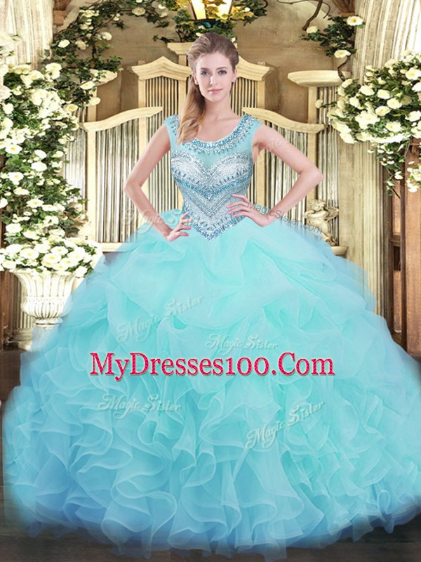 Floor Length Aqua Blue Quinceanera Gowns Scoop Sleeveless Lace Up