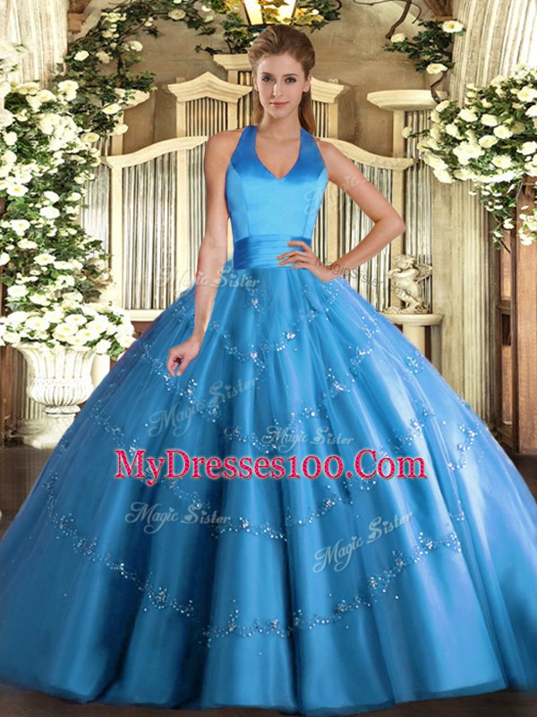 Adorable Floor Length Lace Up Quinceanera Dress Baby Blue for Military Ball and Sweet 16 and Quinceanera with Appliques
