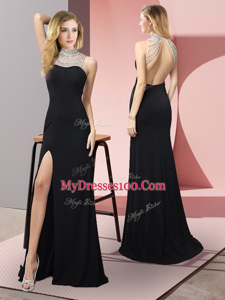 Dazzling Elastic Woven Satin High-neck Sleeveless Backless Beading Prom Evening Gown in Black