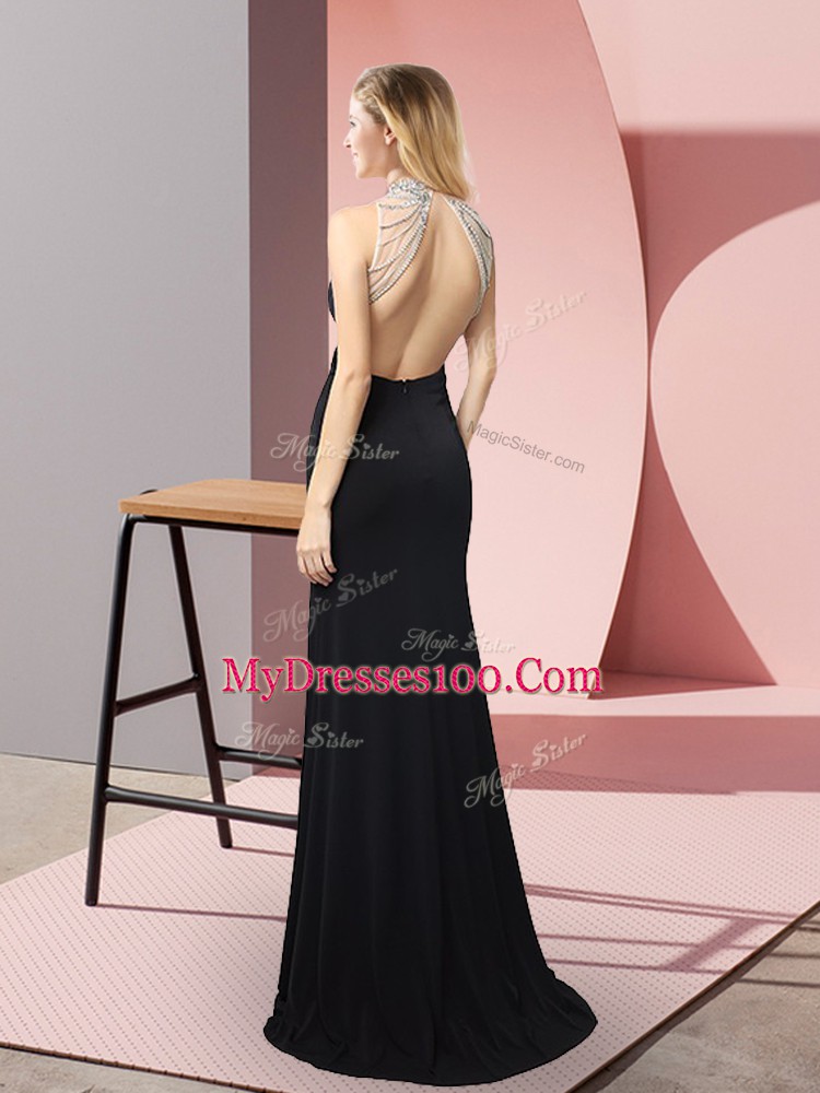 Dazzling Elastic Woven Satin High-neck Sleeveless Backless Beading Prom Evening Gown in Black