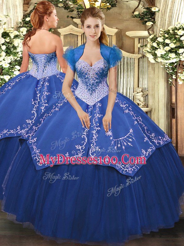Clearance Blue Sweetheart Lace Up Beading and Embroidery Ball Gown Prom Dress Sleeveless