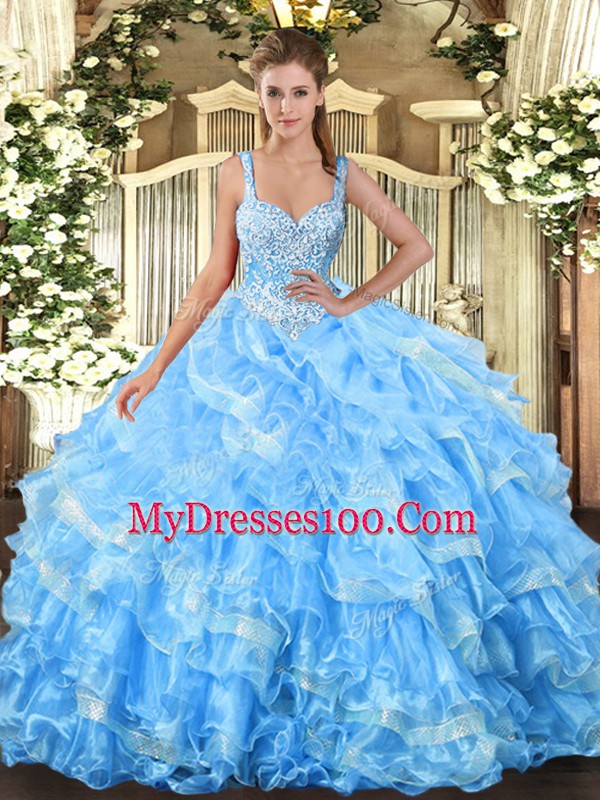 Baby Blue Sleeveless Beading and Ruffled Layers Floor Length Quinceanera Dresses