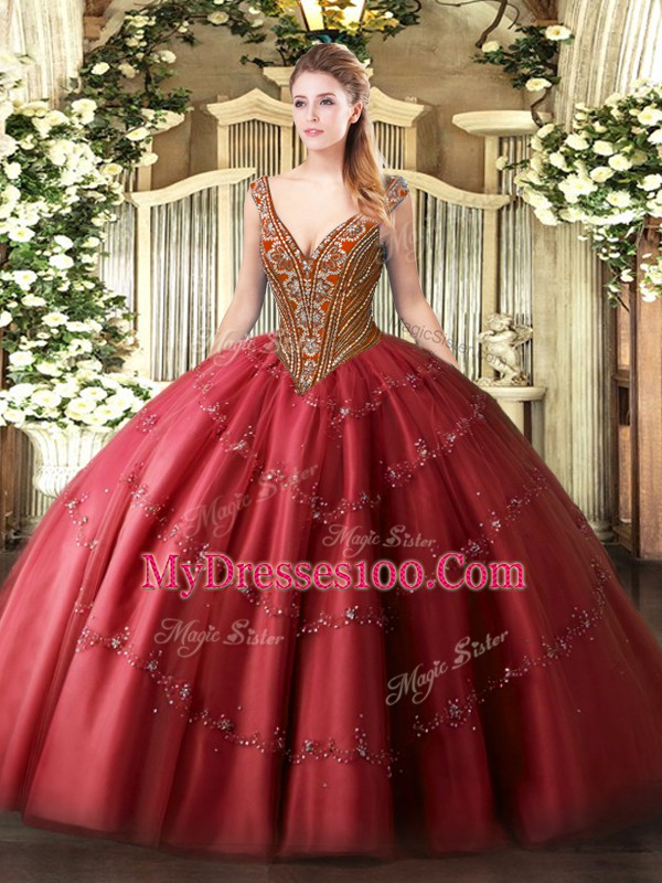 Red Lace Up Sweet 16 Dresses Beading and Appliques Sleeveless Floor Length