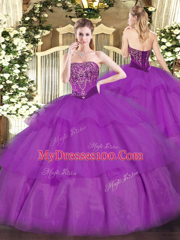 Purple Sleeveless Floor Length Beading and Ruffled Layers Lace Up Quinceanera Dresses