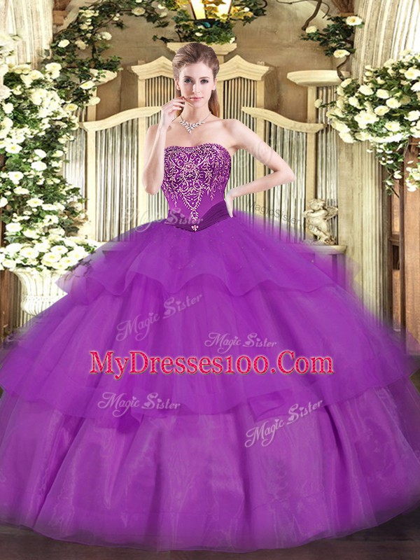 Purple Sleeveless Floor Length Beading and Ruffled Layers Lace Up Quinceanera Dresses