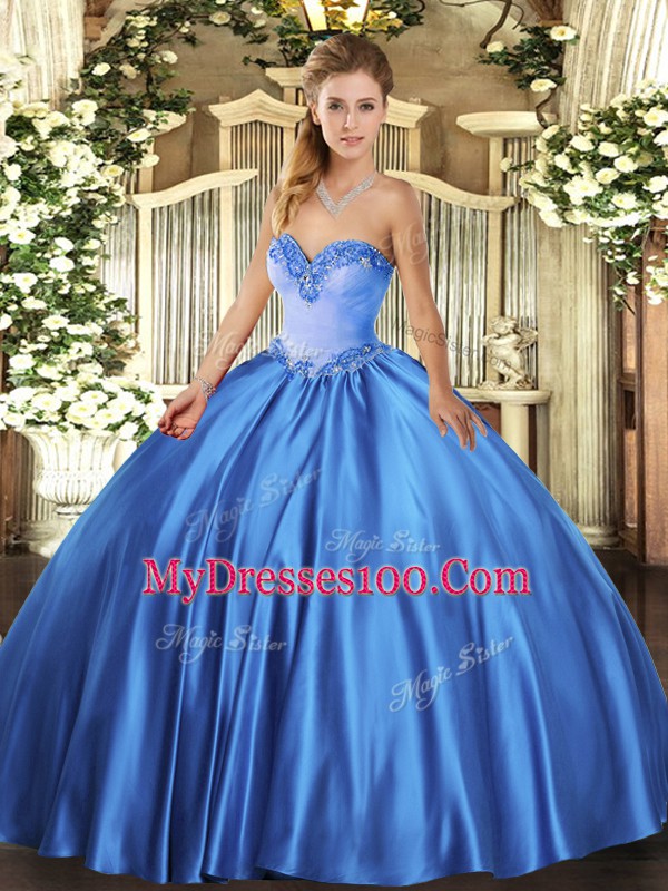 Blue Lace Up Sweetheart Beading Sweet 16 Quinceanera Dress Satin Sleeveless