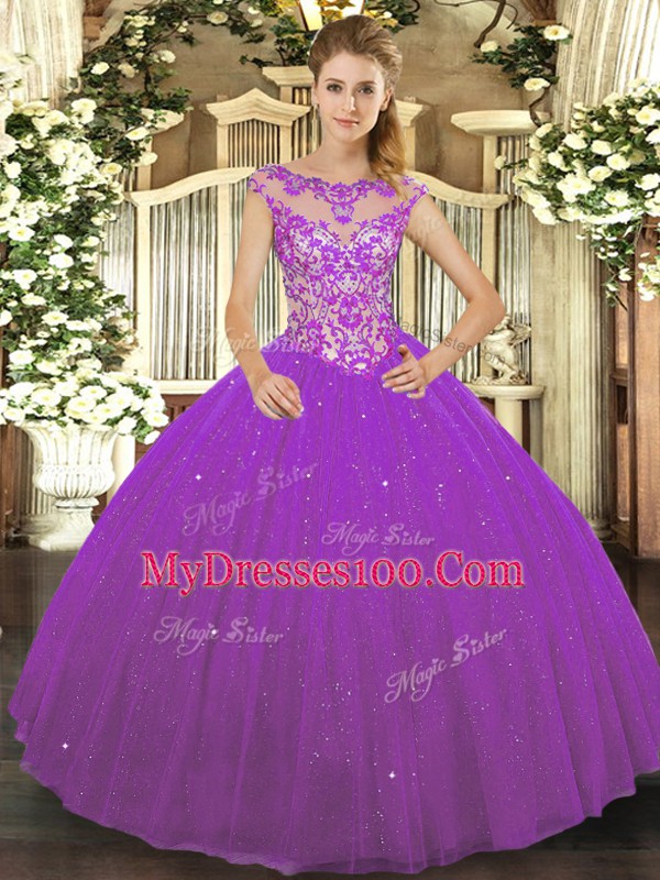 Attractive Eggplant Purple Quince Ball Gowns Sweet 16 and Quinceanera with Beading and Appliques Scoop Sleeveless Lace Up