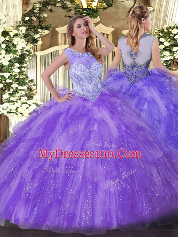 Artistic Lavender Scoop Zipper Beading and Ruffles Quince Ball Gowns Sleeveless