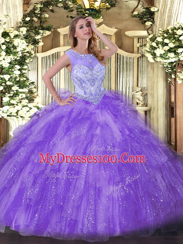 Artistic Lavender Scoop Zipper Beading and Ruffles Quince Ball Gowns Sleeveless