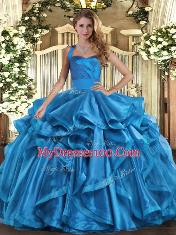 Ideal Sleeveless Floor Length Ruffles Lace Up Ball Gown Prom Dress with Baby Blue