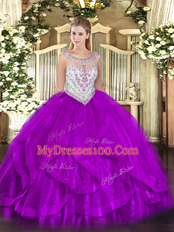Tulle Scoop Sleeveless Zipper Beading and Ruffles 15th Birthday Dress in Eggplant Purple