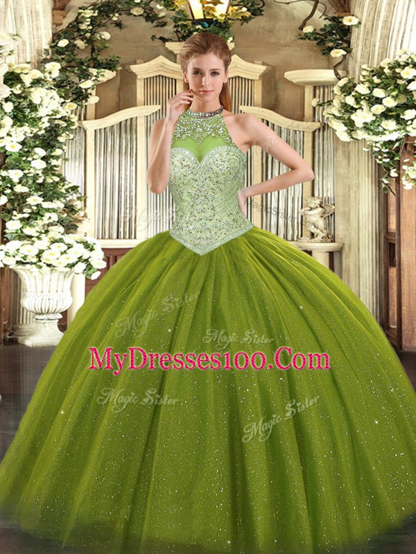 Olive Green Tulle Lace Up Quinceanera Dress Sleeveless Floor Length Beading