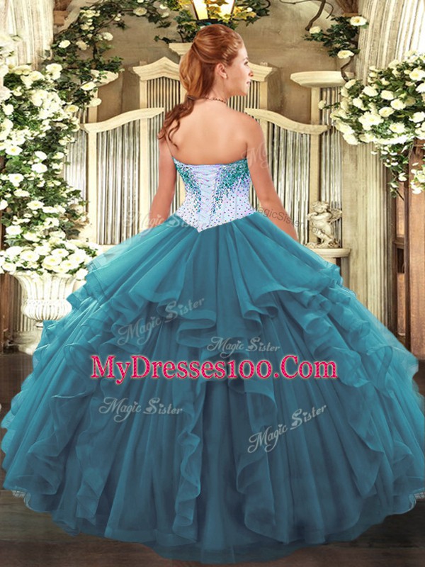 Blue Lace Up Sweetheart Beading Quinceanera Dress Tulle Sleeveless