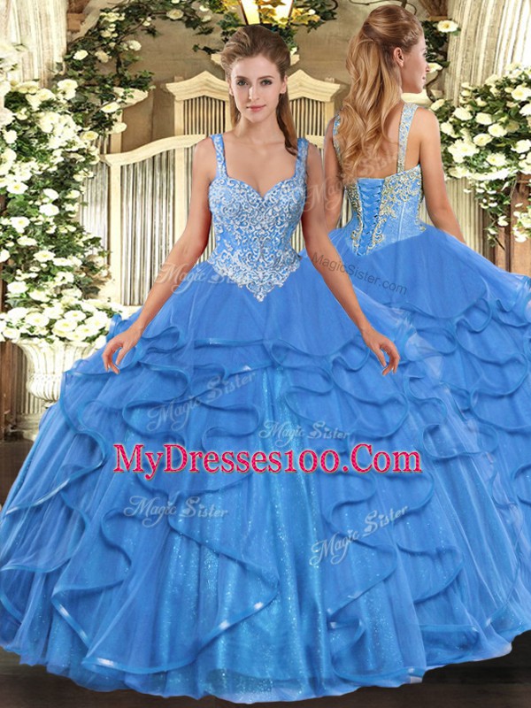 Sleeveless Lace Up Floor Length Beading and Ruffles Sweet 16 Dress