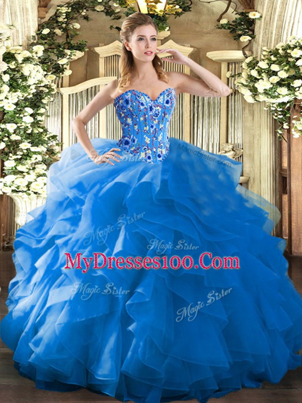 Blue Ball Gowns Organza Sweetheart Sleeveless Embroidery and Ruffles Floor Length Lace Up Sweet 16 Quinceanera Dress