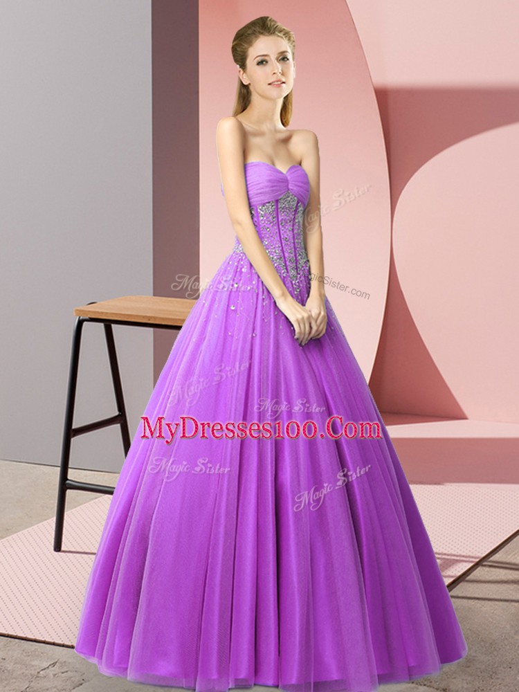 Perfect Purple A-line Beading Prom Gown Lace Up Tulle Sleeveless Floor Length