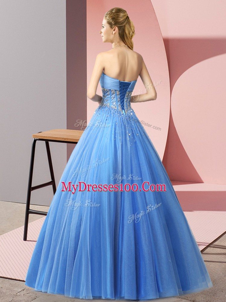 Perfect Purple A-line Beading Prom Gown Lace Up Tulle Sleeveless Floor Length