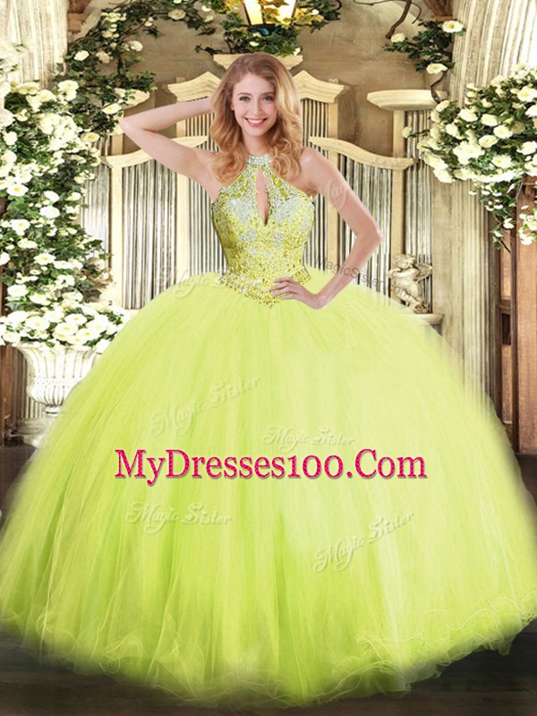Floor Length Ball Gowns Sleeveless Yellow Green Sweet 16 Dress Lace Up