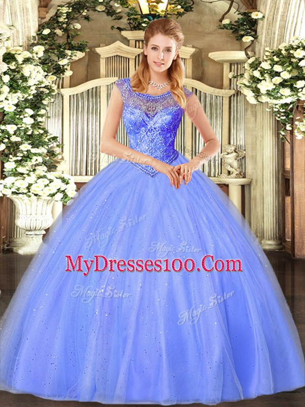 Stunning Ball Gowns Quinceanera Dress Blue Scoop Tulle Sleeveless Floor Length Lace Up