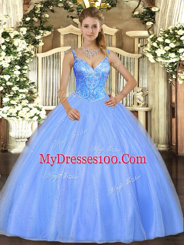 Blue Quince Ball Gowns Military Ball and Sweet 16 and Quinceanera with Beading V-neck Sleeveless Lace Up