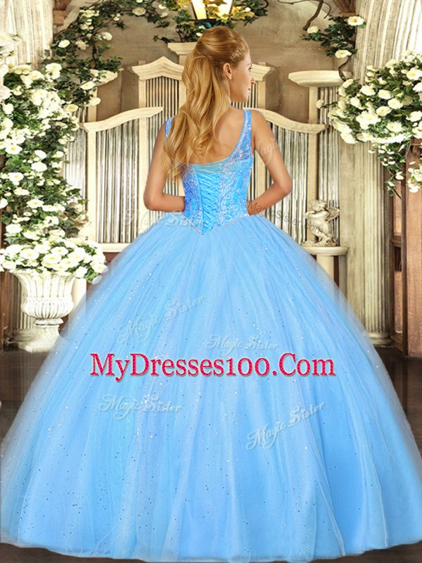 Blue Quince Ball Gowns Military Ball and Sweet 16 and Quinceanera with Beading V-neck Sleeveless Lace Up