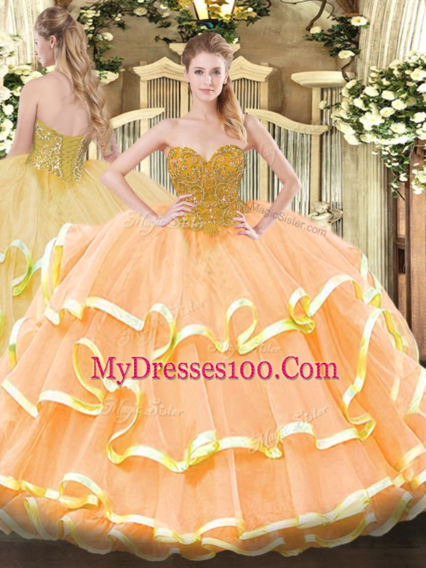 Romantic Peach Organza Lace Up Sweetheart Sleeveless Floor Length Quince Ball Gowns Beading and Ruffled Layers