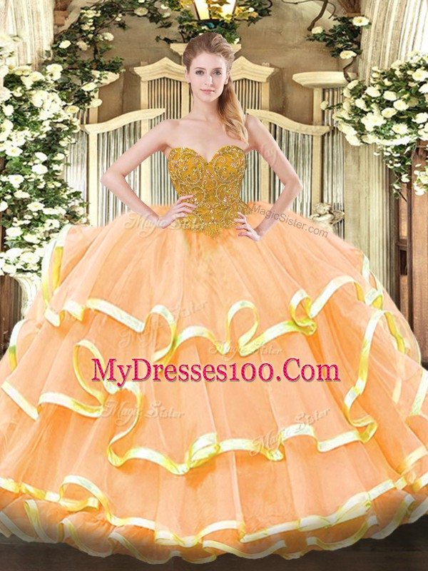 Romantic Peach Organza Lace Up Sweetheart Sleeveless Floor Length Quince Ball Gowns Beading and Ruffled Layers