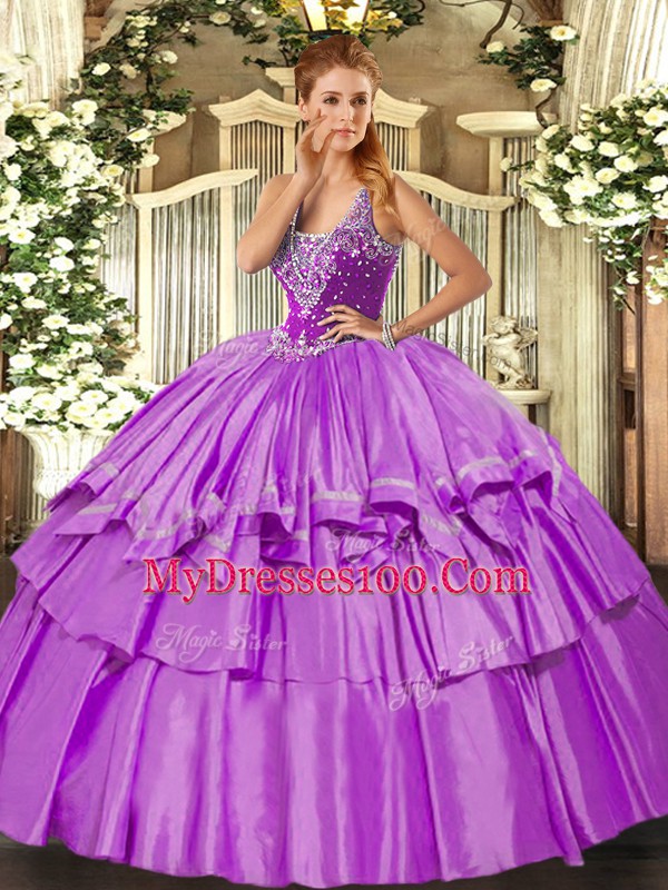 Glamorous Floor Length Lace Up 15 Quinceanera Dress Lilac for Military Ball and Sweet 16 and Quinceanera with Beading and Ruffled Layers