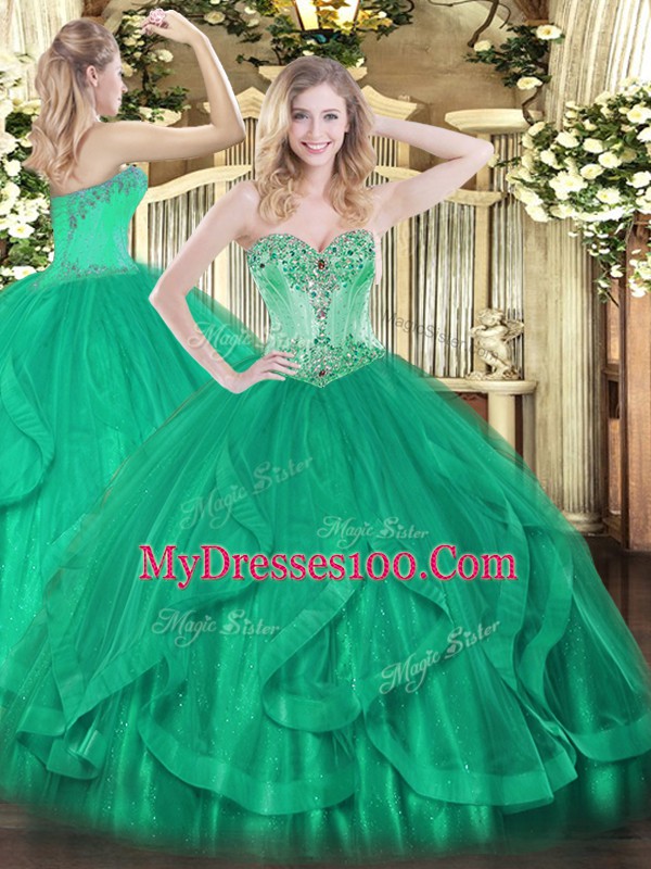 Eye-catching Floor Length Lace Up 15th Birthday Dress Turquoise for Sweet 16 and Quinceanera with Beading and Ruffles